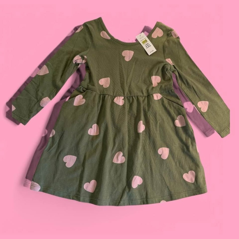 NWT Baby Gap Green Pink Hearts 100% Cotton Long Sleeve Scoop Neck Dress-Size 3T